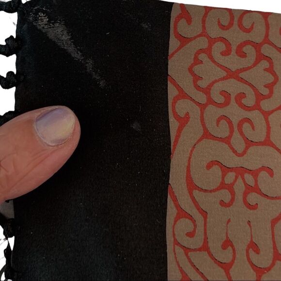 Vintage black silk satin Asian characters fringed scarf - Picture 9 of 11